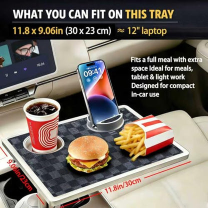Car Food Tray & Car Table Tray with Car-Grade Aluminum Cup Holder & Phone Stand,360° Rotating Car Desk for Laptop & Eating, Compatible with Tesla Model Y/3/S, Best Fit Round Cup Holder (2.28" - 3.66") - color: 𝗦𝗾𝘂𝗮𝗿𝗲 · Grey&Black
