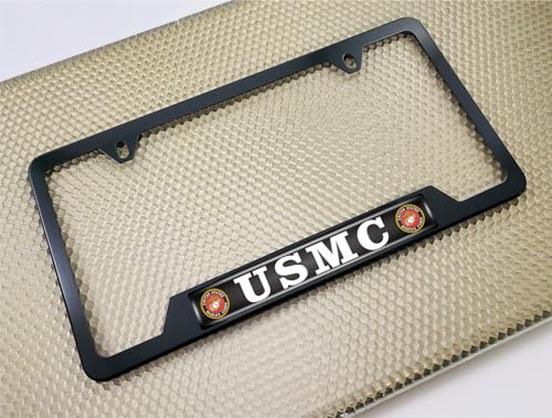 [Officially Licensed Product] - Stainless Steel Matte Black CAR 2-Hole Standard Size - Domed Custom-Made Corrosion-Resistant License Plate Frame with USMC Semper Fidelis Design & Free caps - (Qty: 1) - size: USMC