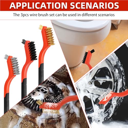 6pcs Wire Brushes for Cleaning Rust, Upgrade Wire Brush Set - Brass/Stainless Steel/Nylon Bristles, Small Metal Wire Brush with Curved Handle Grip, Wire Brushes for Paint and Stain, 7 Inches - style: 6pcs