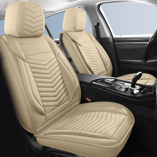 HChengkikz Nappa Leather Car Seat Covers Front Seats, Beige Car seat Protector, Waterproof Car Seat Cushion, Universal Automotive Seat Covers Fit for SUV Truck Pick-up Sedan and Most Cars - color: Style1 Beige, size: Front Seat
