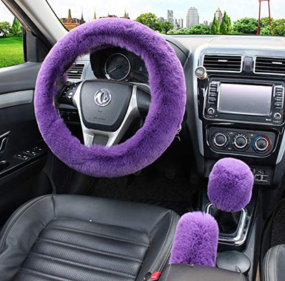 Pinbola 5pcs in 1 Set Faux Wool Steering Wheel Cover Soft Fluffy Handbrake Cover & Gear Shift Cover & 2pcs Seat Belt Shoulder Pads Warm Universal Fit for 15 Inch (Purple) - color: Purple