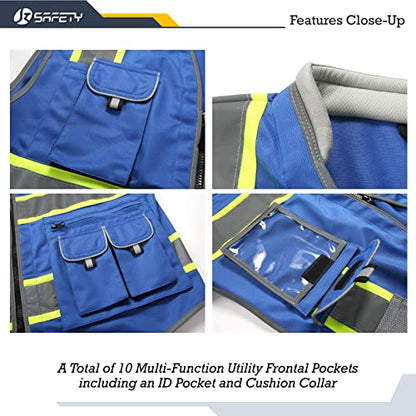 JKSafety 10 Pockets Hi-Vis Zipper Front Fluorescent Blue Safety Vest | Cushioned Collar | High Reflective Tapes with Extended Neon Yellow Strips | Meets ANSI/ISEA Standards (Medium, 89-Blue) - color: Bluet1s1, size: Medium