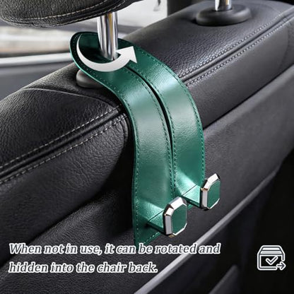2PCS Car Headrest Hooks, Nappa Leather Metal Vehicle Double Seat Back Storage Hook for Purse Bag Coat, Multifunctional Automotive Interior Hanging Hanger, Universal Fit (Green) - color: Green
