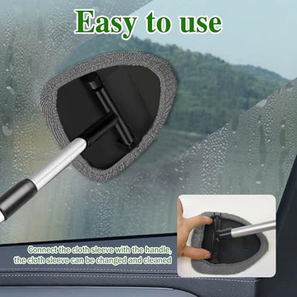 Windshield Cleaning Tool, Car Window Cleaner with 4 Washable Reusable Microfiber Pads, Auto Interior Exterior Extendable Long Handle Glass Wiper Cleaning Kit Universal for Office and Home (Grey) - color: Grey