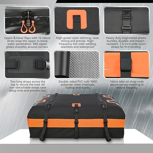 MARCHWAY Waterproof Car Roof Luggage Bag, Weatherproof Soft Shell Rooftop Cargo Carrier Bag for Vehicles with or Without Rack. 6 Door Hooks, Anti Slip Mat, Lock Included (15 Cubic Feet, Orange) - size: 15 Cubic Feet, Orange