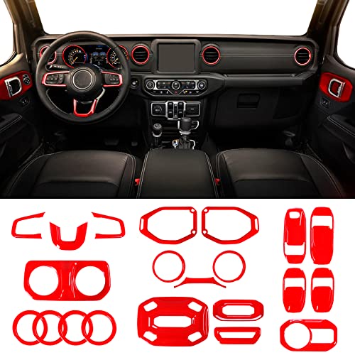 21PCS Full Set Interior Decoration Trim Kit Compatible with Jeep Wrangler JL JLU & Gladiator JT 2018-2021,Steering Wheel,Reading Light,Air Conditioning Vent,Headlight Switch,Speaker Covers(Red) - color: Red