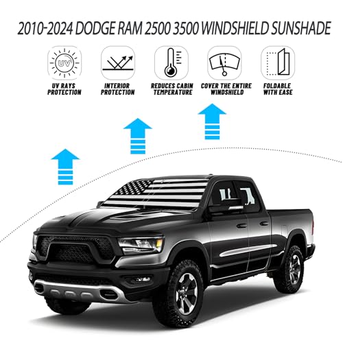 D-Lumina Windshield Sun Shade for 2010-2025 Dodge Ram 2500 3500 Accessories, Front Window Sunshade American Flag Sun Visor Protector Sun Shield Block UV Rays Heat, Foldable 2 Layers 210T Material - size: Silver & Black-Fit 2010-2025 Dodge Ram 2500 3500