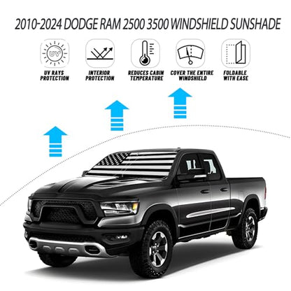 D-Lumina Windshield Sun Shade for 2010-2025 Dodge Ram 2500 3500 Accessories, Front Window Sunshade American Flag Sun Visor Protector Sun Shield Block UV Rays Heat, Foldable 2 Layers 210T Material - size: Silver & Black-Fit 2010-2025 Dodge Ram 2500 3500