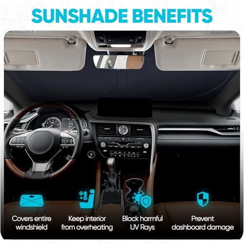 FORTEM Car Sun Shade for Windshield, Reflective Windshield Sunshade, 240T Polyester, Automotive Interior Sun Protection, Ultimate Heat and UV Shield, Foldable, Storage Bag - size: Medium (62" x 30")