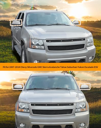 Chrome Half Mirror Caps Covers Compatible with 2007-2014 Chevy Silverado GMC Sierra Avalanche Tahoe Suburban Yukon Escalade ESV Side View Upper Mirror Cover Caps (Left Right) - color: Chrome (Half upper Mirror cover)