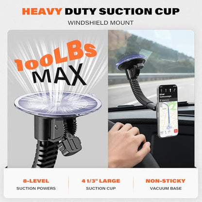 APPS2Car for Heavy-Duty MagSafe Truck Phone Mount, 4.33" Extra Large Vacuum Suction Cup, 20 Strong Magnets, Ultra-Stable Double-Rib Long Arm, Magnetic Phone Holder for Pickup, Semi Trucks, Tractor