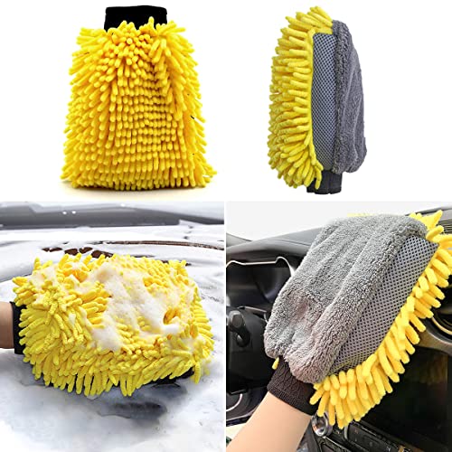 BMLEI Car Wash Brush with Long Handle, Chenille Microfiber Mop Mitt with 1 Replacement Head, Wheel Brush Extension Pole Cleaning Kit & Towels for Cars & Trucks - 5PCS - color: 5pcs Yellow Mop Washing Set