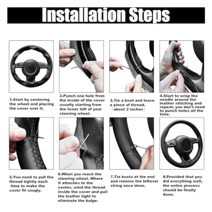Car Genuine Leather Steering Wheel Cover, DIY Sewing with Needle and Thread, Breathable, and Anti-Slip, Universal 15 Inch Car Steering Wheel Stitching Wrap (Black, Glossy) - color: Black, size: Glossy