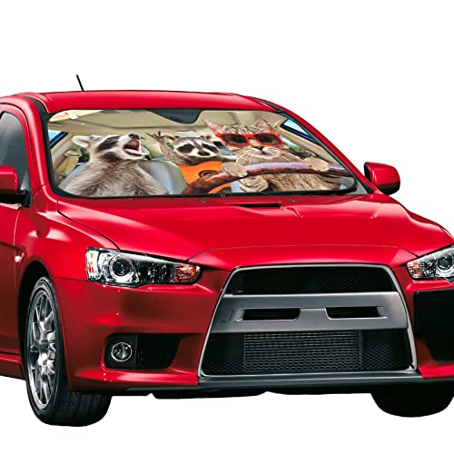 Cat with Raccoon Car Windshield Sunshade Foldable Sun Visor Front Window Sun Shade Cover for Car Truck SUV 55x29.9 Inches - color: Cat