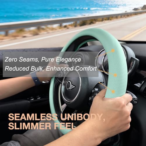 PINCTROT Nappa Leather Steering Wheel Cover, Slim Fit No Bulk Design, One Piece Leather with Breathable Perforation, Fit Like Gloves, Universal 14.5-15 Inch(Nappa Mint) - color: 09.Mint, size: Medium(Standard) Size[14 1/2''-15'']