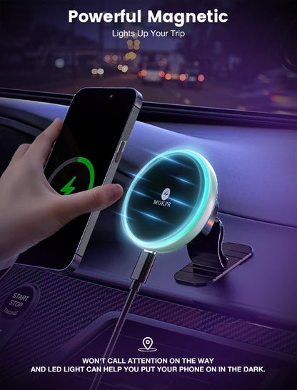 MOKPR for Magsafe Car Mount Charger-15W Wireless Car Charger-Magnetic Car Phone Holder for Dash Air Vent-LED RGB HandsFree Car Mount Fast Car Charger for iPhone 16 15/14/13/12 Series Green - color: Mint Green