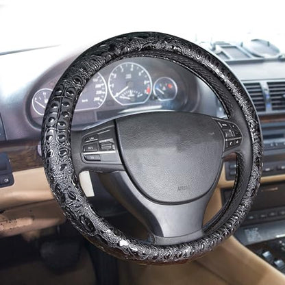Car Steering Wheel Cover Universal 15 inch Auto Antislip Leather Protector Flower Grain Black - color: Black