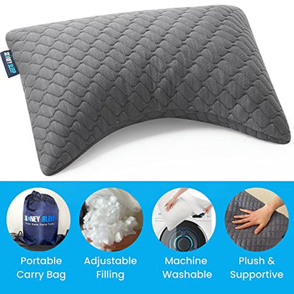 Sidney Sleep Mini Travel Size Neck Pillow - Knee, Back Lumbar and Support - Small Curved Pillow - 14 x 19 Inches - Adjustable Loft - Washable - Drawstring Backpack Included (Mini - Grey) - color: Grey, size: Travel Mini