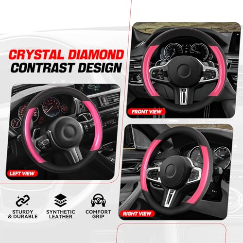 Auto Dynasty Steering Wheel Cover, Breathable Microfiber Leather Car Steering Wheel Protector with Black Red Contrast Stitching, Anti-Slip, [14 1/2 to 15 Inches] Universal Fit Cars Trucks SUVs - color: Contrast Red