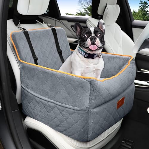 HEGGCOOE Dog Car Seat for Small Medium Dogs, Memory Foam Puppy Dog Booster Seat with Thick Cushion for Dogs Under 35lbs, Detachable Washable Pet Car Seat Travel Bed with Storage Pockets,2 Safety Belts - color: Gray