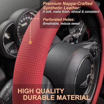 PINCTROT Nappa Leather Steering Wheel Cover, Slim Fit No Bulk Design, One Piece Leather with Breathable Perforation, Fit Like Gloves, Universal 14.5-15 Inch(Nappa Rust Red) - color: 02.Rust Red, size: Medium(Standard) Size[14 1/2''-15'']