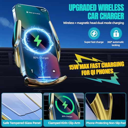 Wireless Car Charger, MAX 15W Fast Charging Auto Clamping, Sensing Phone Holder Mount, fit for iPhone 16 15 14 13 12 Pro Max Xs X, Samsung Galaxy S24 Ultra S23 S22 S21 S20 Note20 (5-Golden) - color: 5-Golden