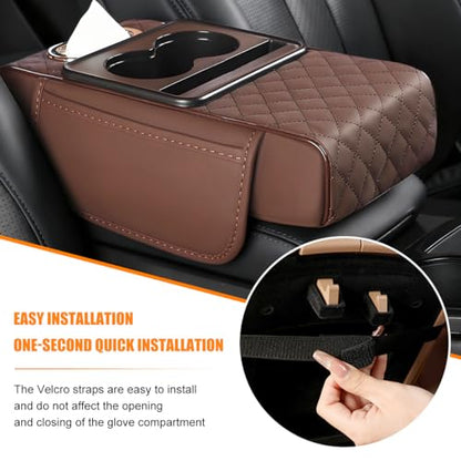 Car Armrest Cushion, 5-in-1 Nappa Leather Vehicle Centre Console Cover with 2 Storage Pockets, Cup Phone & Phone Holder, Multifunctional Auto Organiser Accessories, Universal Fit (Coffee) - color: Coffee