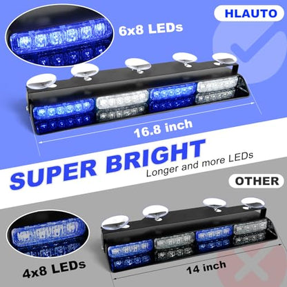 HLauto 604N Emergency Dash Strobe Lights: 2x16.8 inch Blue White Security Light w/Take Down, 48 LED Safety Flashing Warning Hazard Interior Windshield Light Bar for Trucks Vehicles - color: #07 Blue / White