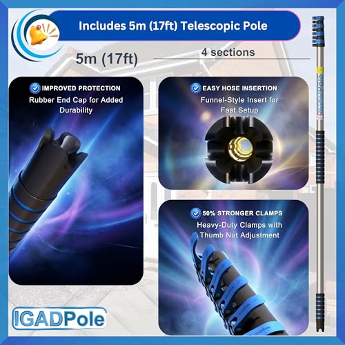 IGADPole 17 FT Water-Fed Cleaning Kit – Extendable Telescopic Pole with Soap-Dispenser, Brush & Cobweb Duster, Adjustable 5-17 FT Handle for Safe High Window, Gutter, Solar Panel & Exterior Cleaning - size: 17 ft Pole