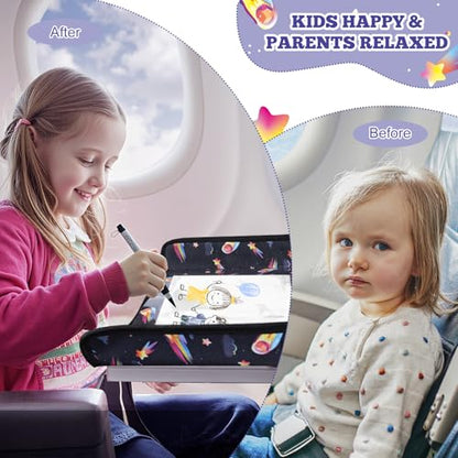 Airplane Tray Table Cover for Kids with Pockets, Foldable Tray Table Organizer for Toddler, Plane Travel Essentials Must-Haves for Train Buses High Chairs and Flying Supplies (Meteor Black)