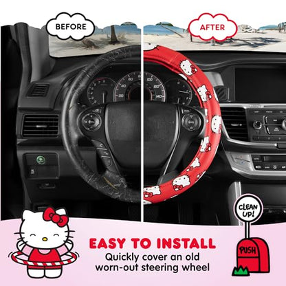 Hello Kitty Steering Wheel Cover Official Sanrio Car Accessory Universal Size 14.5 to 15 Inch Cute Red Design for Women Girls Sedans SUVs Trucks, Anti-Slip Grip, Stretch-Fit Design - style: Hello Kitty Red