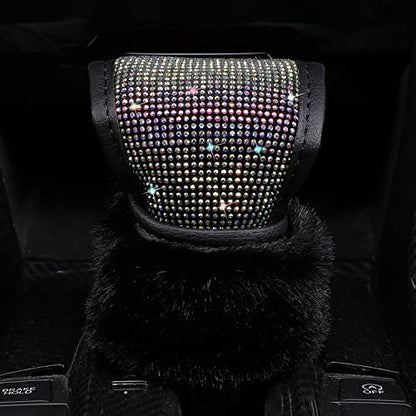 Plush Auto Gear Shift Knob Cover with Crystal Glitter Bling Rhinestones for Girls,Lady Universal Fit (Bling) (Fur Black) - color: Fur Black