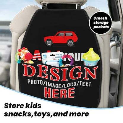 Custom 2 Pack Premium Backseat Protector with Pockets, Personalized Heavy Duty Stain Resistant Kick Mats Back Seat Protector with Image Text Customized Universal Car Seat Back Organizer
