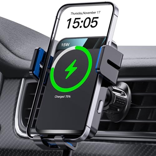 Wireless Car Charger, MOKPR Auto-Clamping Car Mount 15W/10W/7.5W Fast Charging Air Vent Car Phone Mount Compatible with iPhone 16 15/14/13/13 Pro/12 Pro Max/12 pro/12/11/10/8 Series, Samsung Galaxy - color: Blue