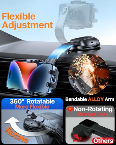 HTU Upgraded Strongest Suction Car Phone Holder Bendable Arm, Never Block View Rotatable Cellphone Mount for Dashboard Windshield Vent, Cradle Stand for iPhone 17 16 15 14 13 12 Pro Max (Red) - color: Red