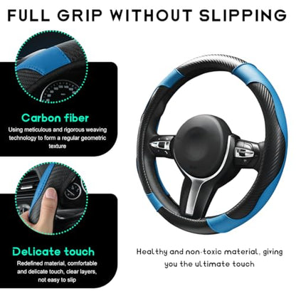 Car Steering Wheel Cover, 15 inch Carbon Fiber Microfiber Leather Elastic Steering Wheel Protector, Breathable Anti-Slip Comfortable Steering Wheel Covers for Most Cars (Black&Blue) - color: Black&Blue