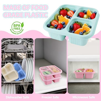 Finorder 4 Pack Wheat Straw Containers, Pastel Multi-color 3 Compartment Reusable Snack Bento Box Toddler, Square Meal Prep Food Containers for Kids, Adults, Office and Travel - color: 4 Pack Wheat Straw Containers