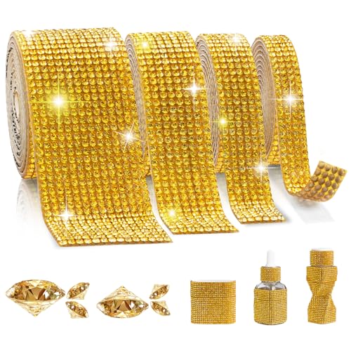 Rhinestone Ribbon Self Adhesive, 4-Yard Bedazzling Strips, 4-Rolls Rhinestone Strips for DIY Craft, Rhinestones for Crafting, Home Decor and Special Events,4/6/8/14 Rows,Golden Yellow Crystal - color: 4/6/8/14 Rows Golden Yellow Crystal