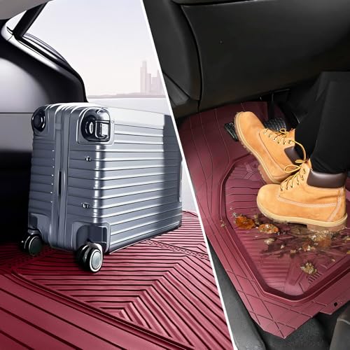 CAR PASS Heavy Duty Rubber Car Mats with Cargo Liner, Deep-Dish Car Floor Mats and Trunk Mat All Weather, Universal Trim-to-Fit for SUVs Trucks Sedans, Waterproof Anti-Slip, Trimmable V12 Burgundy - color: Red Full Set
