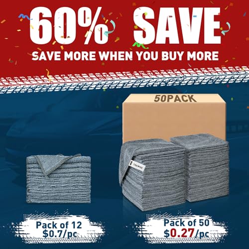 TEAWOO Microfiber Cleaning Cloths Bulk-50 Pack, Gray Microfiber Towels for Cars, Ultra Absorbent Microfiber Towel Weave Grime & Liquid for Streak-Free Mirror Shine - Car Washing Cloth, 12x12 inches - size: 50Pack Grey