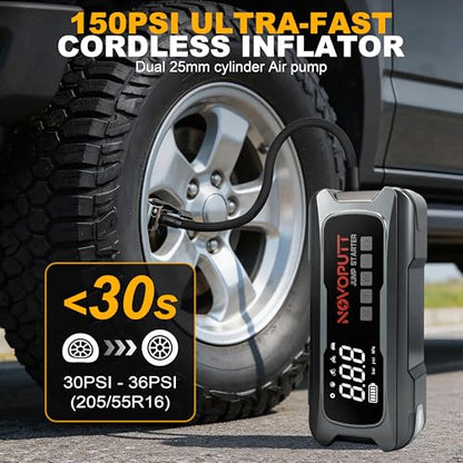 6000A Jump Starter with Air Compressor, 150PSI Dual Cylinder Tire Inflator & PD 65W Fast Charge, 12V Portable Car Battery Booster for All Gas/10L Diesel Trucks, Jumper Cables & Emergency Kit Included