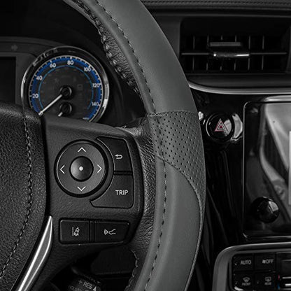 Motor Trend Perforated Microfiber Leather Steering Wheel Cover for Cars Trucks SUVs Vans, Sporty Racing Improved Grip Anti-Fatigue Ergonomic Design, Airbag Compatible - Fits Standard 15" Inch - Gray
