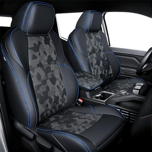 Leather Seat Covers Custom Fit for 2024-2026 Tacoma Gen 4th Double Cab - Fully Covered - Fit Like a Glove - Center Console Armrest Covers Included - Camouflage Black & Blue Stitching - color: ( CamoBlack-Blue Stitching ) & Full Set, size: For Tacoma Gen 4