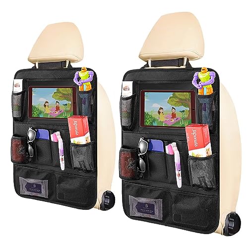 Backseat Car Organizer, 2 Pack Kick Mats Back Seat Protector with Touch Screen Tablet Holder, 9 Storage Pockets for Travel Accessories & Toys, Waterproof & Easy-Clean Black Protector