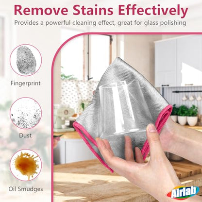 Airlab Glass Polishing Cloth Streak Free Miracle Microfiber Cleaning Cloth Lint Free Cleaning Rags for Glasses Kitchen Dish Mirrors Easy Clean, Pack of 6, 12" x 12", Sliver-Pink - color: Sliver-pink, Pack of 6