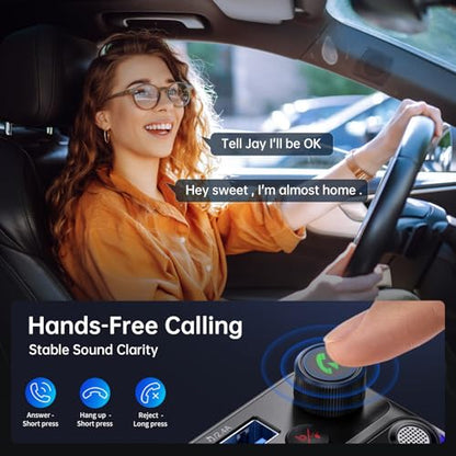 Syncwire Bluetooth 5.4 FM Transmitter Car Adapter 42W [Light Switch] [Stronger Dual-mic] [HiFi Bass Sound] [Fast Charging] Wireless FM Radio Stereo Music Adapter Hands-Free Calling Support USB Drive - color: Black