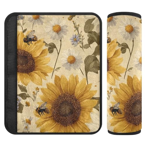 Beige Sunflowers and Daisy Bees Seat Belt Cover Pad 2 Pcs Soft Cute Seatbelt Covers Protector Support Head Neck Shoulder Strap for Car Seats High Chair Backpack for Adults Kids Women Men 10x7.7 - color: Beige Sunflowers and Daisy Bees, size: Medium