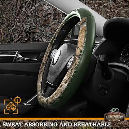 Mossy Oak Camo Steering Wheel Cover, Durable Grip Car Steering Cover, Universal Fit 14.5"–15.5" - Made with Premium Green PVC Leather and Cotton Fabric, Anti-Slip - Official Licensed Product - color: Green