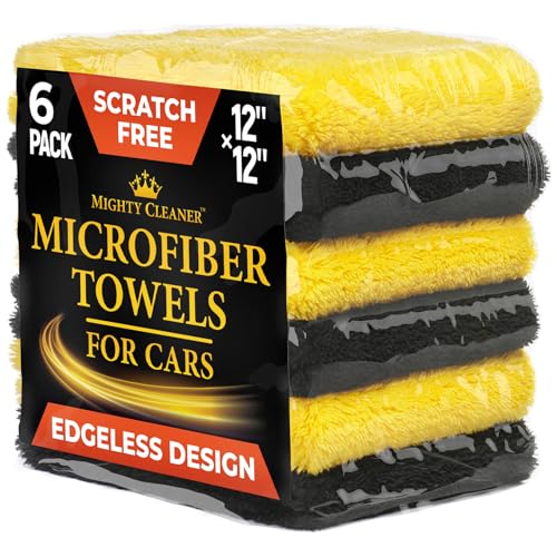 Super Soft Microfiber Towels for Cars - Edgeless - 6pk (12”x12”) - Premium Scratch-Free Towel - Great for Drying, Detailing, Polishing, Buffing - Ultra Absorbent Microfiber Cleaning Cloths for Car - color: Black and Yellow