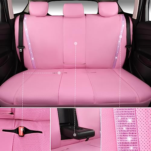 CAR PASS Bling Diamond Car Seat Covers Full Set, Shining Rhinestone Waterproof Faux Leather, Rear with Zipper, Universal Fit Automotive Glitter Crystal Sparkle Strips for Cute Women Girl, Pink - color: Pink Leather, size: Full Set